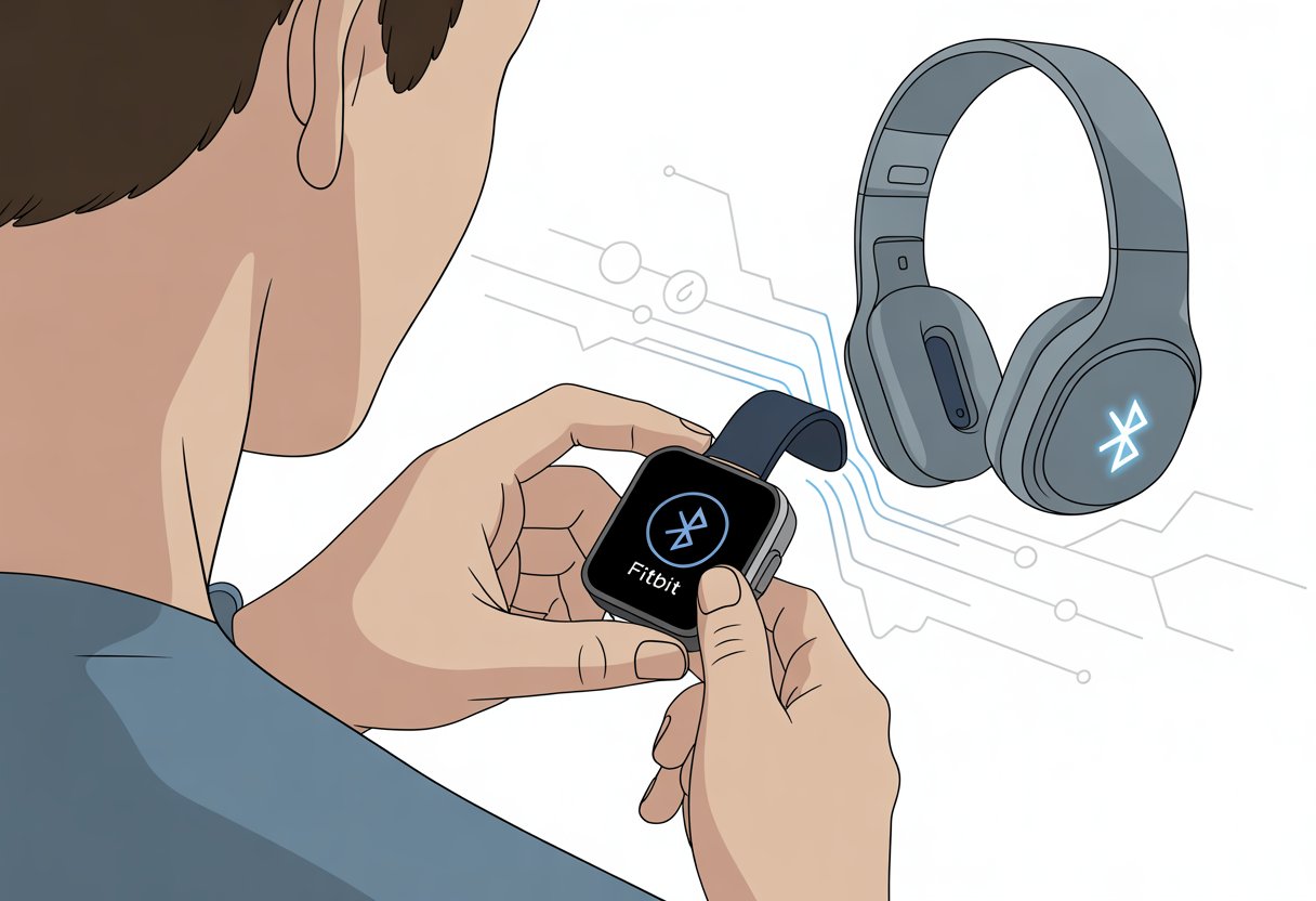 A hand holding a Fitbit smartwatch near a pair of Bluetooth headphones with wireless signals connecting them.