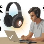Person sitting at a desk wearing Bluetooth headphones, with a diagram of the headphones highlighting the microphone and icons representing troubleshooting steps around them.