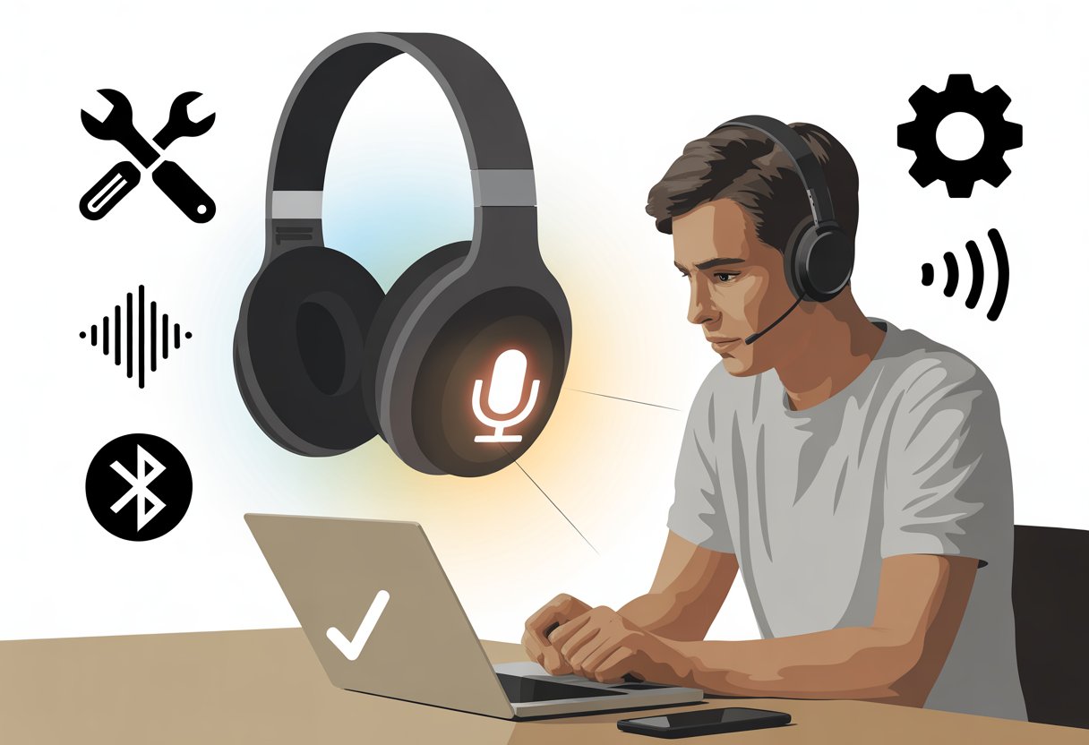 Person sitting at a desk wearing Bluetooth headphones, with a diagram of the headphones highlighting the microphone and icons representing troubleshooting steps around them.