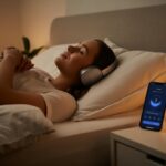 Person lying in bed wearing Bluetooth headphones with a smartphone on the bedside table in a calm bedroom at night.