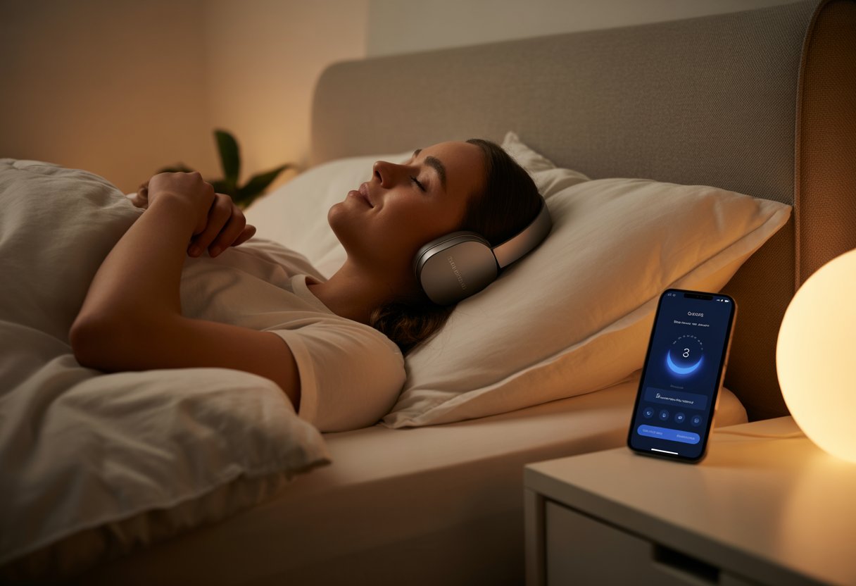 Person lying in bed wearing Bluetooth headphones with a smartphone on the bedside table in a calm bedroom at night.