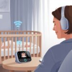 A parent wearing Bluetooth headphones listens to a baby monitor in a nursery with a sleeping baby in a crib.