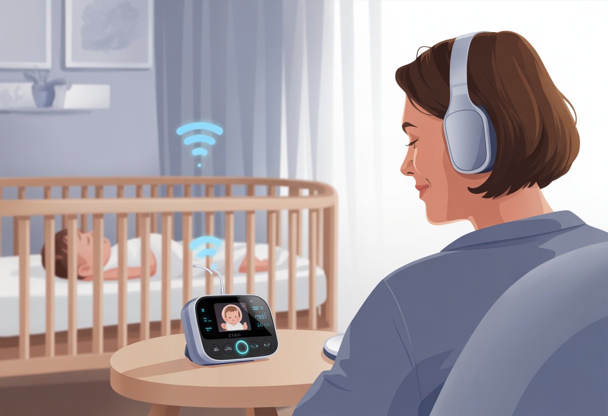 A parent wearing Bluetooth headphones listens to a baby monitor in a nursery with a sleeping baby in a crib.