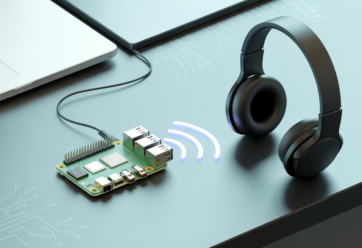 A Raspberry Pi connected wirelessly to Bluetooth headphones with signal waves between them on a clean workspace.