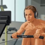 A person using a rowing machine while wearing Bluetooth headphones in a gym setting.