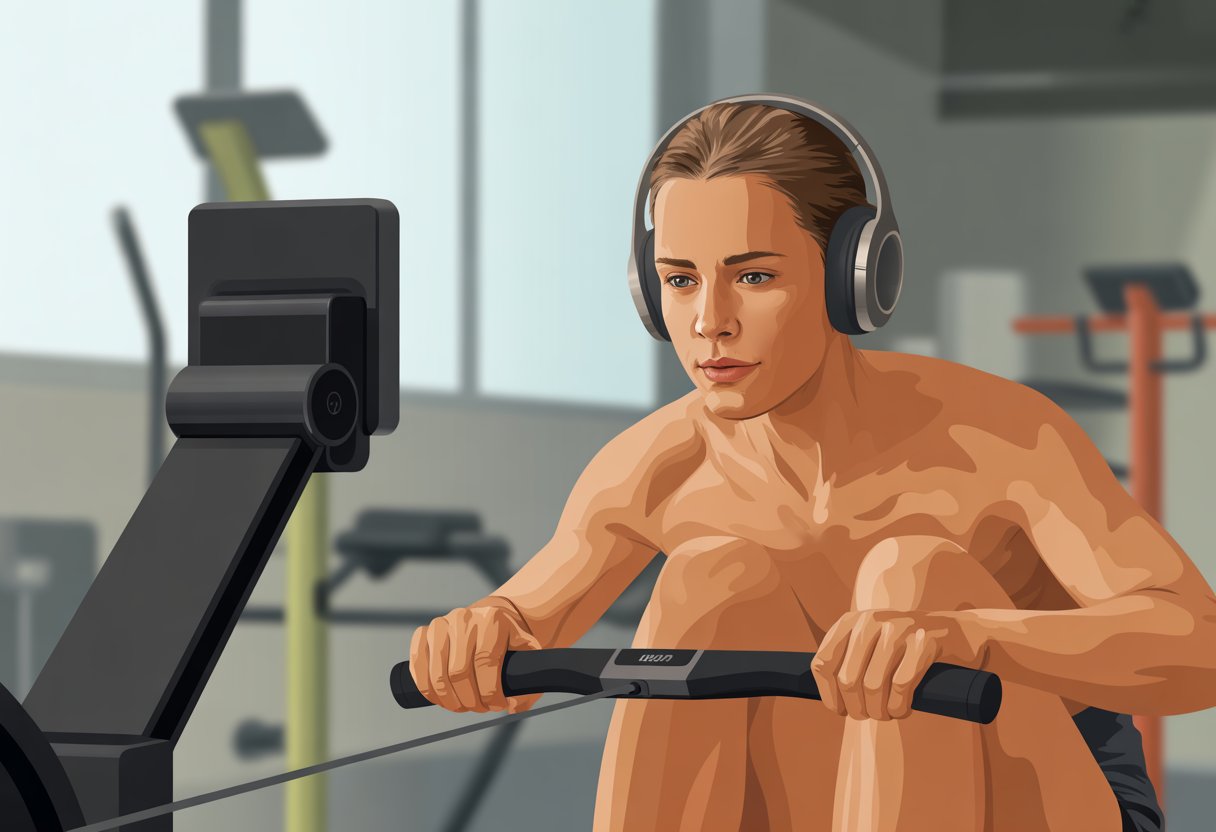 A person using a rowing machine while wearing Bluetooth headphones in a gym setting.