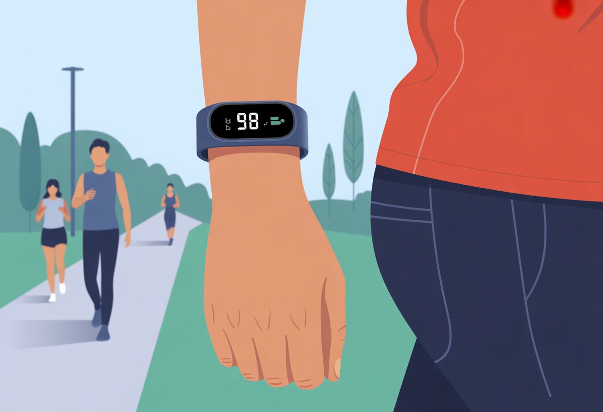 Close-up of a person wearing a fitness tracker on their wrist while walking outdoors in a park.