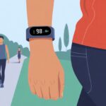 Close-up of a person wearing a fitness tracker on their wrist while walking outdoors in a park.