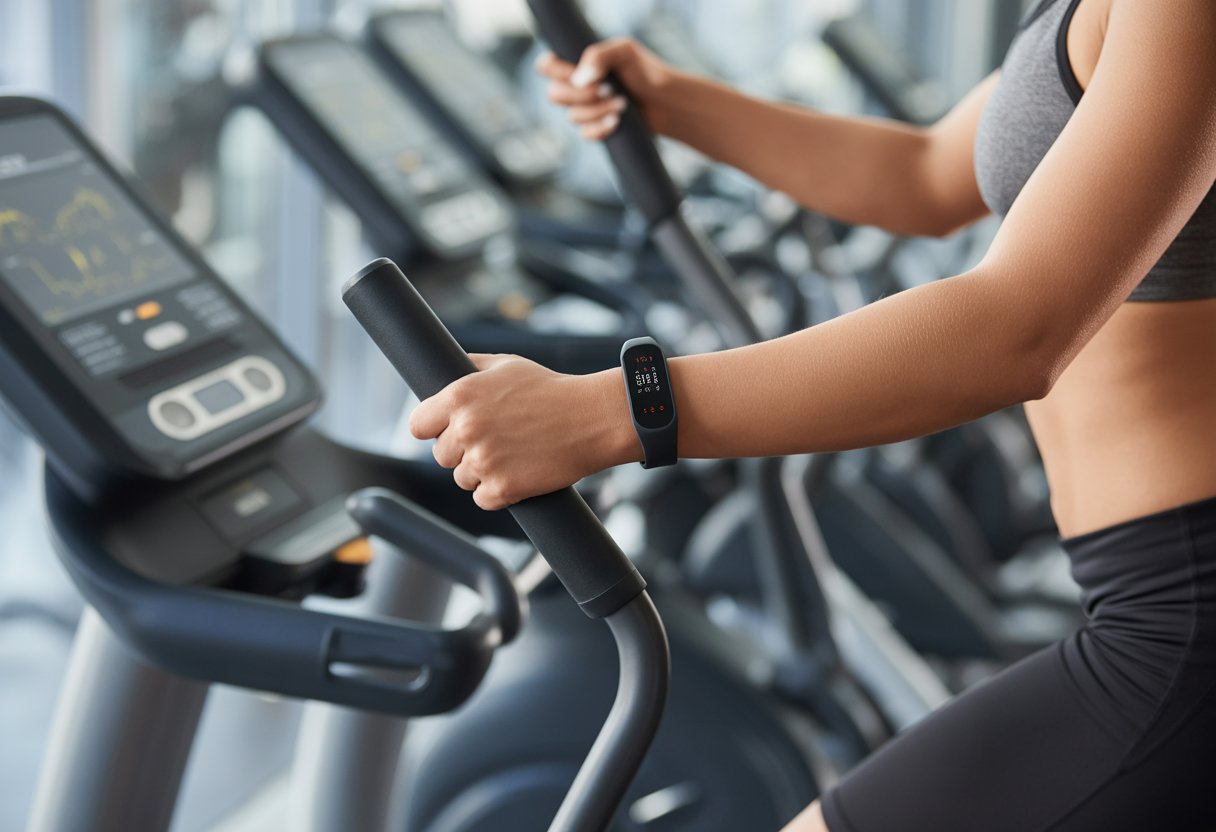 A person using a fitness tracker while exercising on an elliptical machine in a gym.