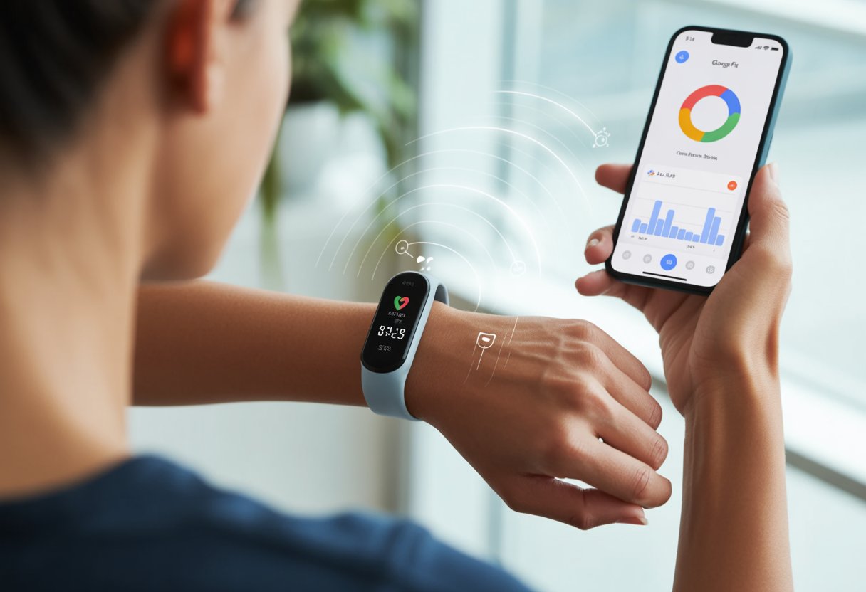 A person wearing a fitness tracker on their wrist looking at a smartphone displaying health data from a fitness app.