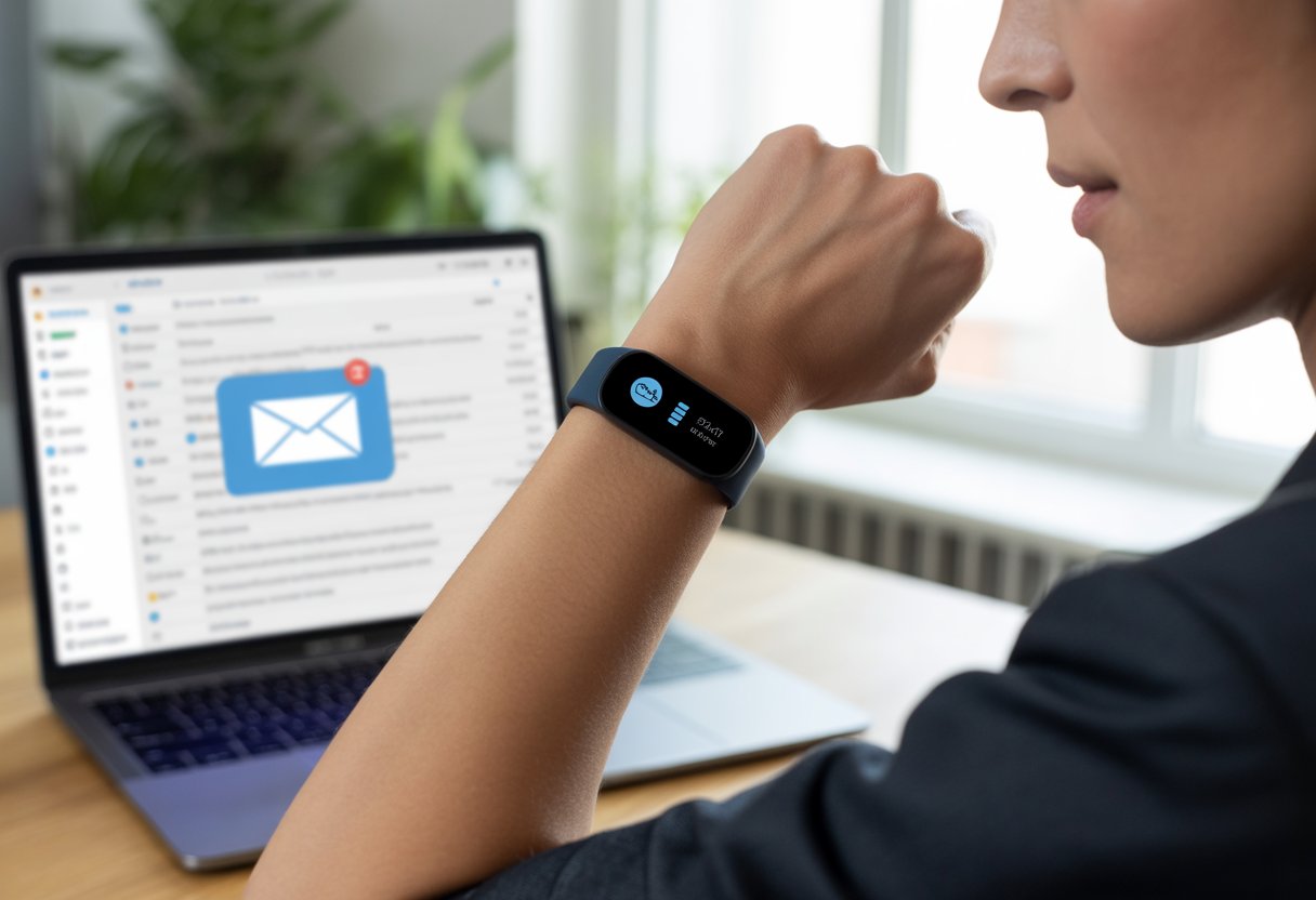 Person wearing a fitness tracker on their wrist, looking at it while sitting at a desk with a laptop showing an email inbox.