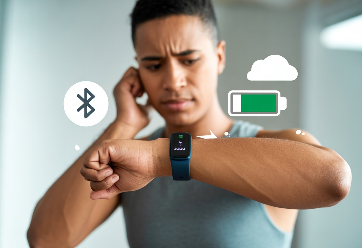 A person looking at their fitness tracker with a puzzled expression, showing no calories burned data on the screen.