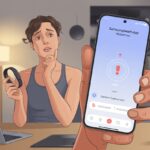 A person sitting at a desk, holding a fitness tracker and a smartphone showing a pairing issue, looking puzzled.