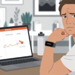 A person sitting at a desk looking confused while trying to connect a fitness tracker to a laptop showing a connection error.