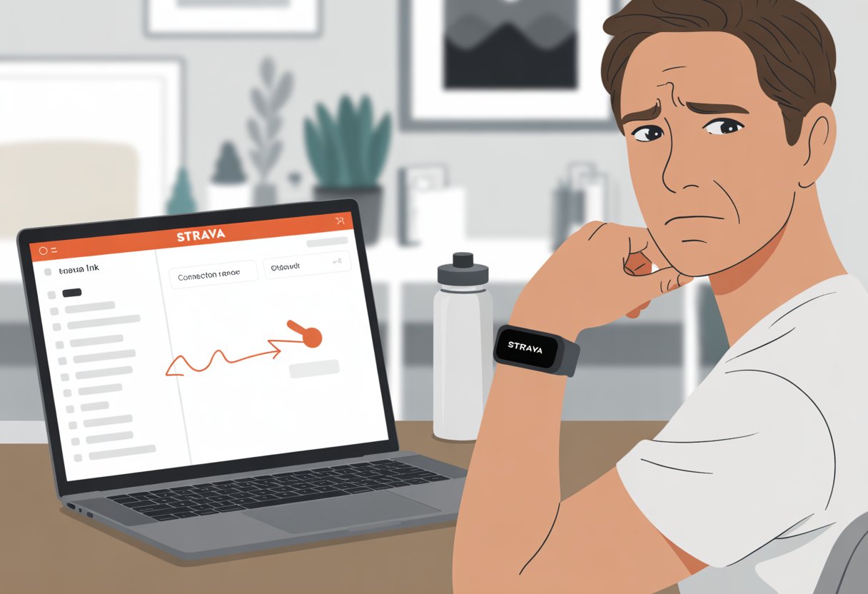 A person sitting at a desk looking confused while trying to connect a fitness tracker to a laptop showing a connection error.