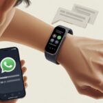 A person looking at their fitness tracker on their wrist while holding a smartphone showing a WhatsApp message notification.
