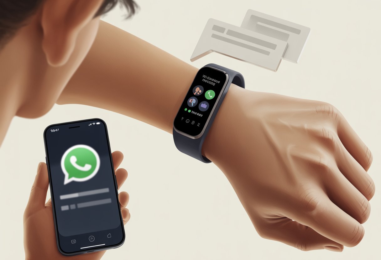 A person looking at their fitness tracker on their wrist while holding a smartphone showing a WhatsApp message notification.
