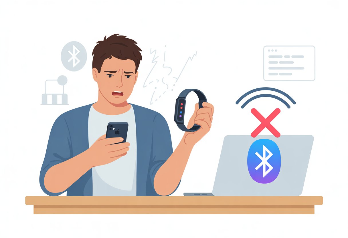 A person holding a fitness tracker and an iPhone with a confused expression, sitting at a desk with a laptop showing a Bluetooth connection failure.