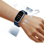 Close-up of a wrist wearing a fitness tracker showing heart rate and steps, with a faint glucose molecule icon and question mark nearby, indicating missing blood glucose tracking.