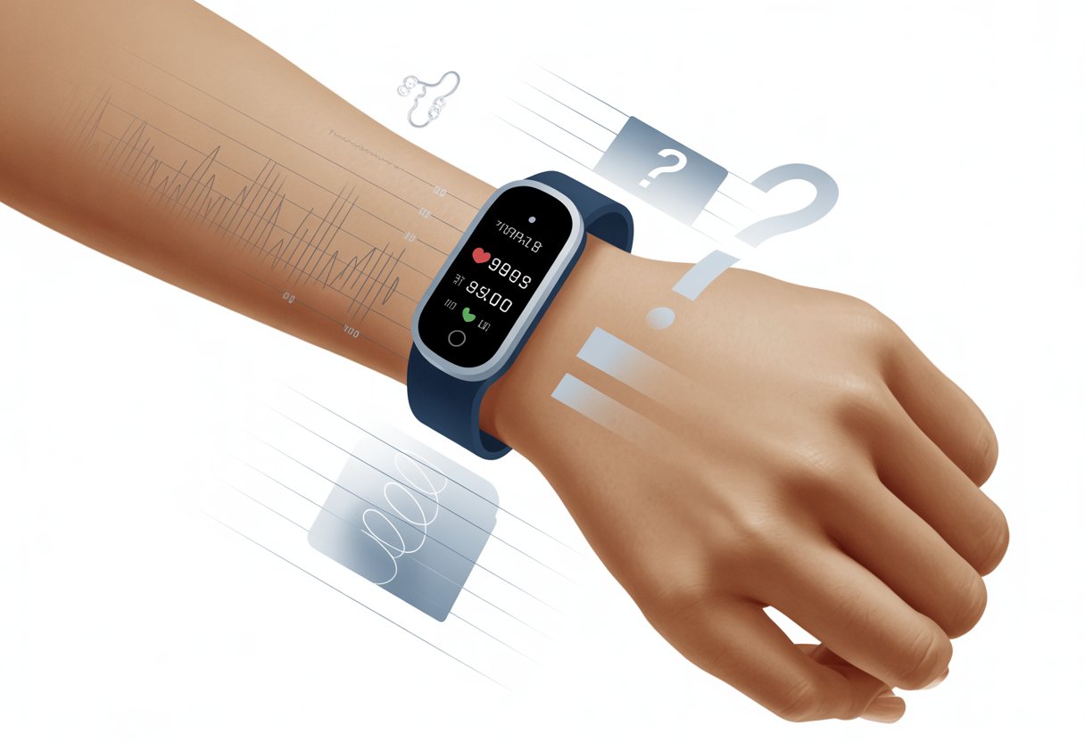 Close-up of a wrist wearing a fitness tracker showing heart rate and steps, with a faint glucose molecule icon and question mark nearby, indicating missing blood glucose tracking.