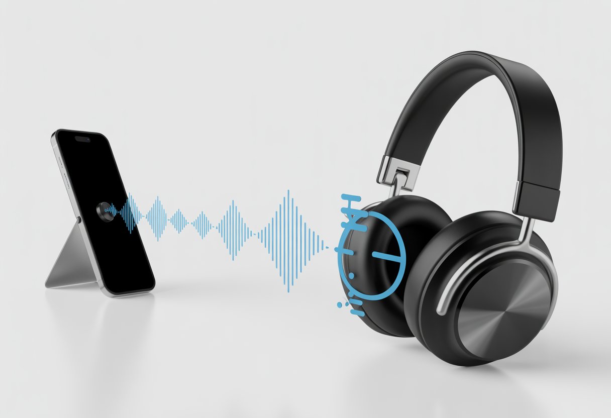 A pair of Bluetooth headphones wirelessly connected to a smartphone with visual sound waves showing a delay between the devices.
