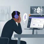 A person at a desk wearing Bluetooth headphones and looking at a laptop with the Microsoft Teams interface, appearing frustrated by connectivity issues.