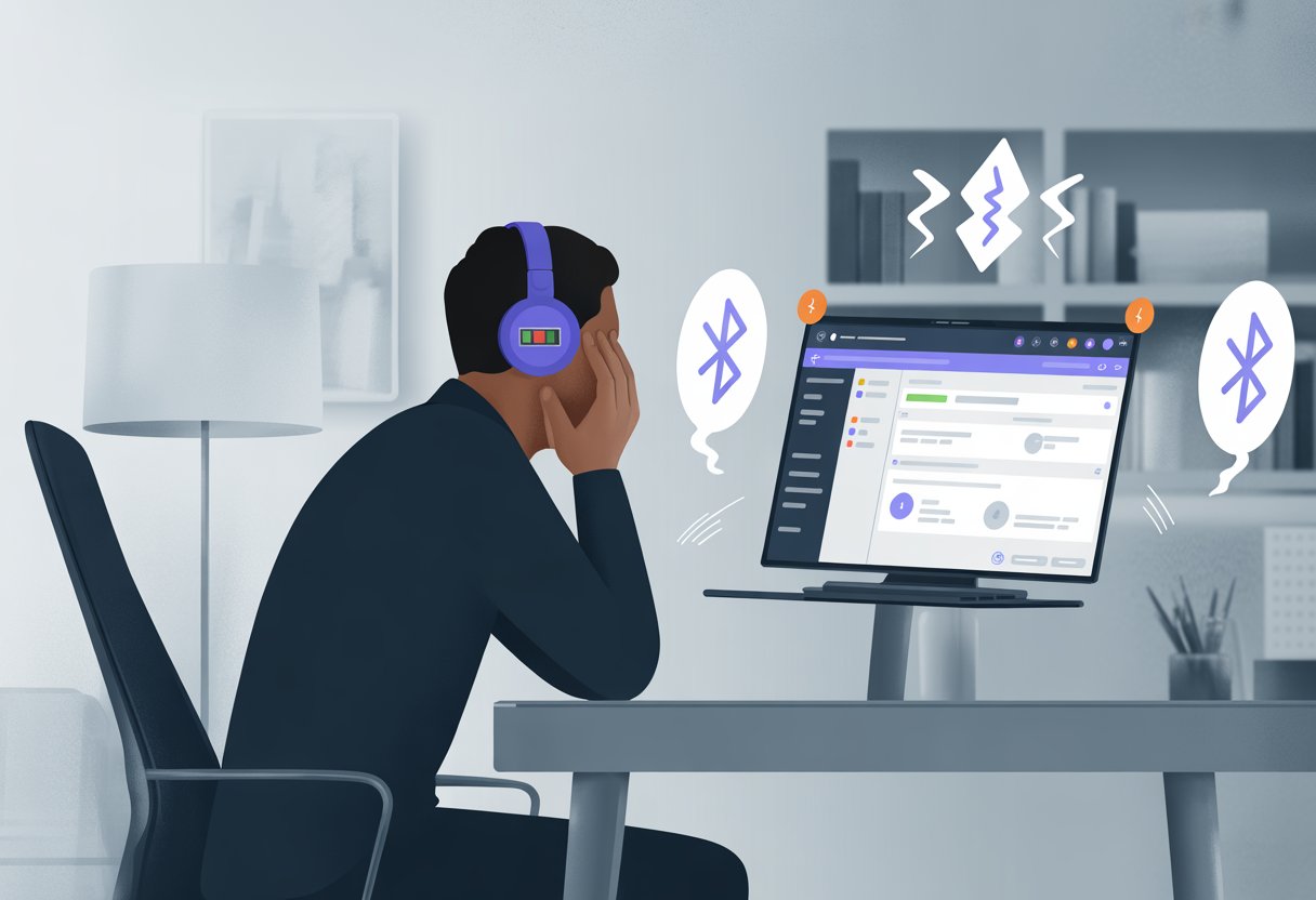 A person at a desk wearing Bluetooth headphones and looking at a laptop with the Microsoft Teams interface, appearing frustrated by connectivity issues.