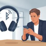 A person sitting at a desk looking frustrated with Bluetooth headphones showing digital glitches and a broken wireless signal icon above them.
