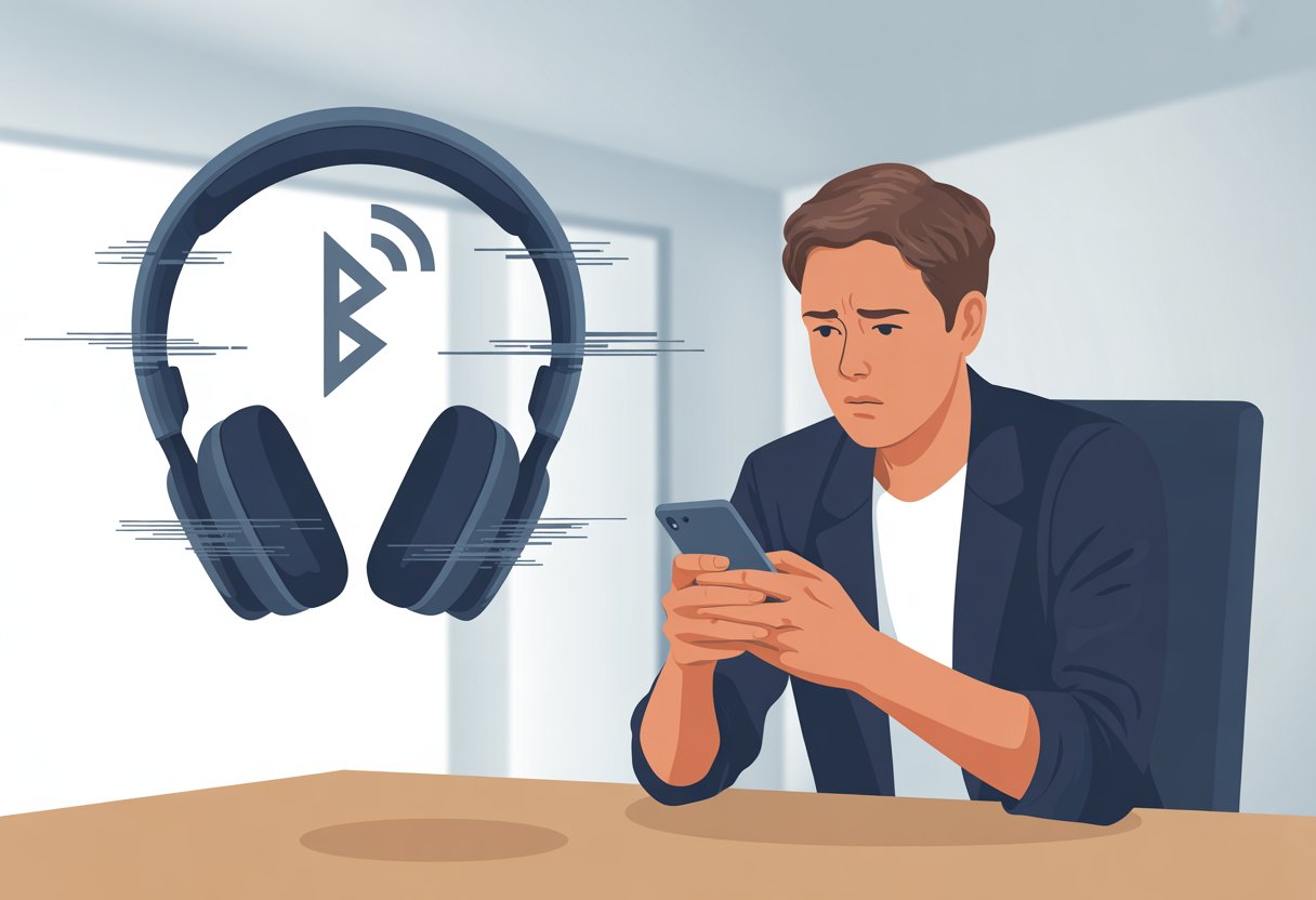 A person sitting at a desk looking frustrated with Bluetooth headphones showing digital glitches and a broken wireless signal icon above them.