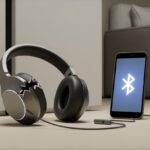 A pair of damaged Bluetooth headphones on the floor next to a smartphone showing a disconnected Bluetooth symbol.