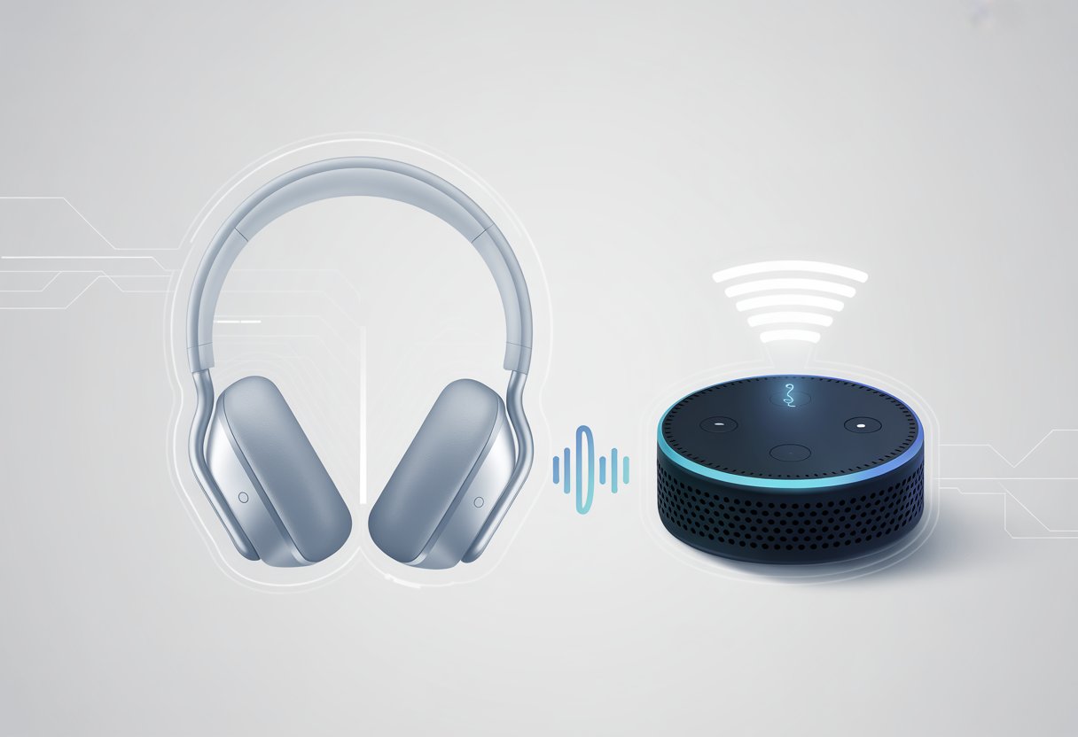 A pair of Bluetooth headphones and a smart assistant device with a broken connection symbol between them.