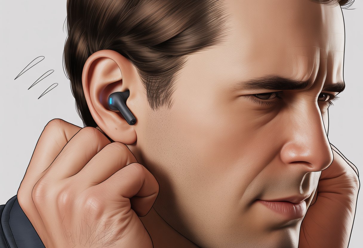 A person with Bluetooth earbuds slipping out of their ears, looking frustrated.