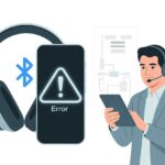 A person troubleshooting Bluetooth headphones with a warning icon and a tablet, showing a solution process.