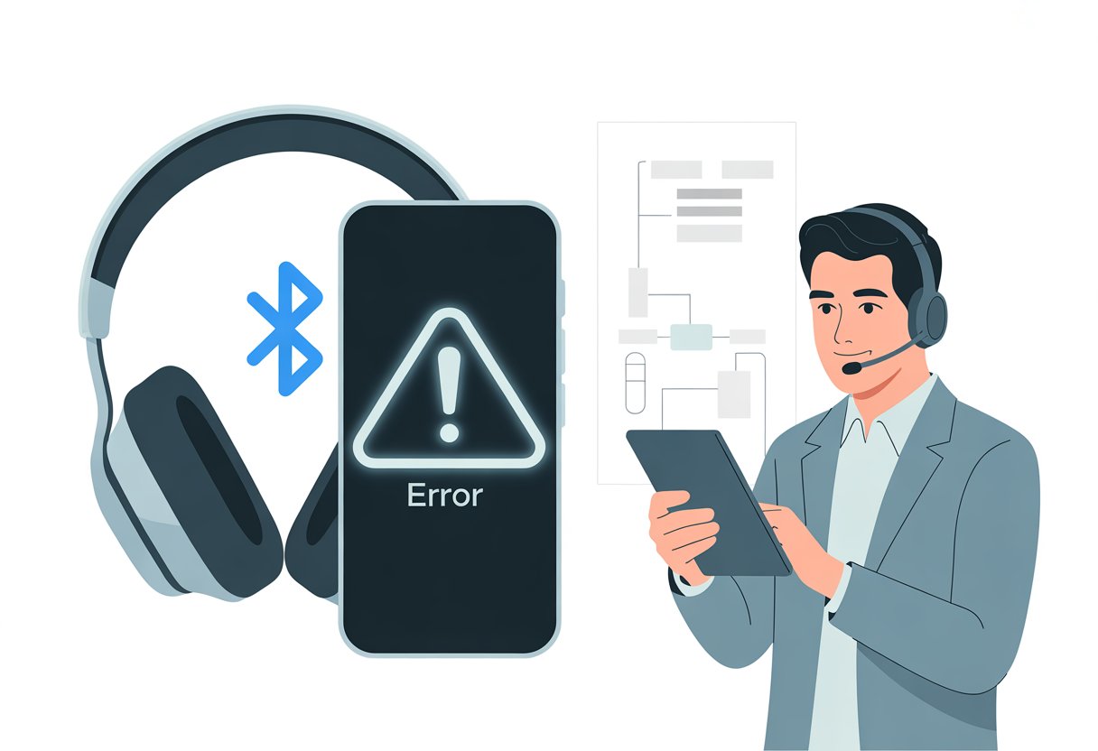 A person troubleshooting Bluetooth headphones with a warning icon and a tablet, showing a solution process.