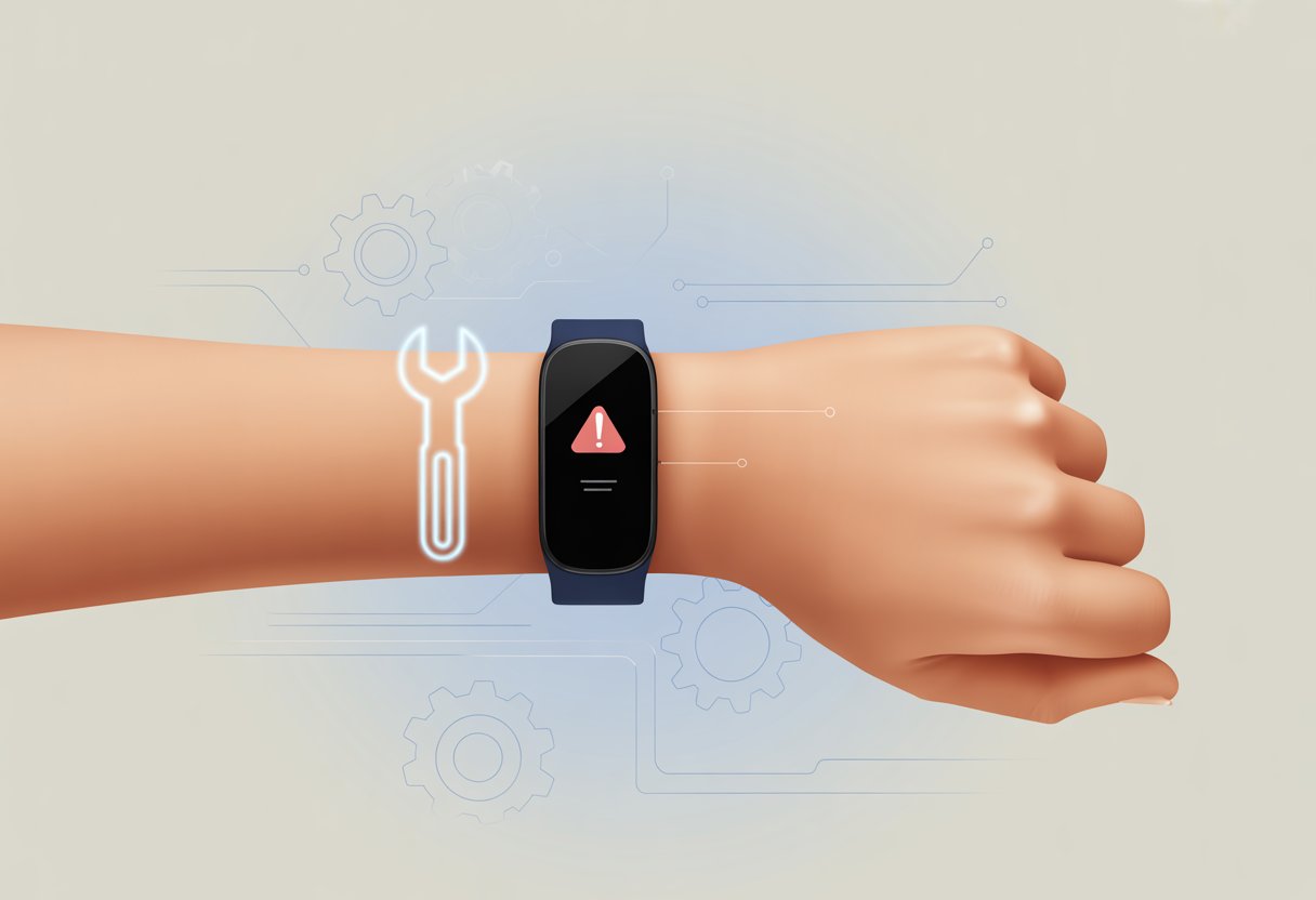 Close-up of a wrist wearing a fitness tracker showing an error symbol, surrounded by digital icons representing repair and troubleshooting.