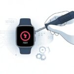 Close-up of hands repairing a smartwatch displaying an error symbol, surrounded by digital circuit and gear graphics.