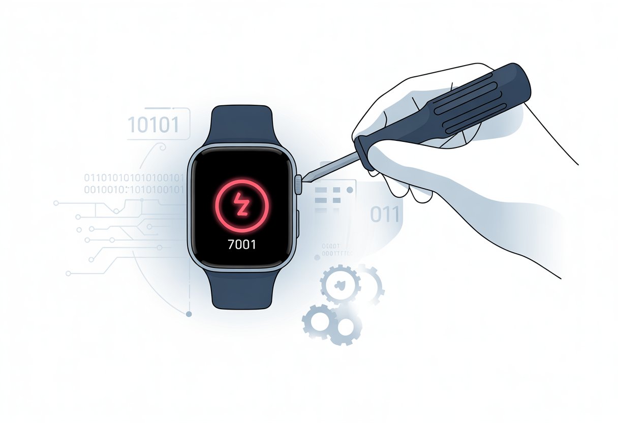 Close-up of hands repairing a smartwatch displaying an error symbol, surrounded by digital circuit and gear graphics.