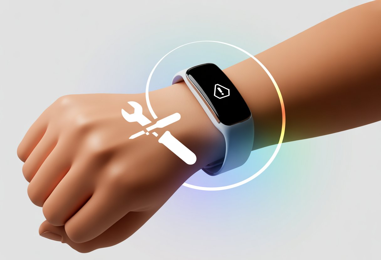 Close-up of a wrist wearing a modern fitness tracker showing an error symbol, with faint icons of a wrench and screwdriver nearby indicating repair.