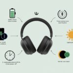 A pair of Bluetooth headphones surrounded by icons representing battery-saving tips like full battery, power-saving mode, Bluetooth settings, scheduled usage, and optimal usage times.