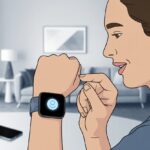 A person speaking to a smartwatch on their wrist with an Alexa icon visible on the watch screen inside a modern home setting.