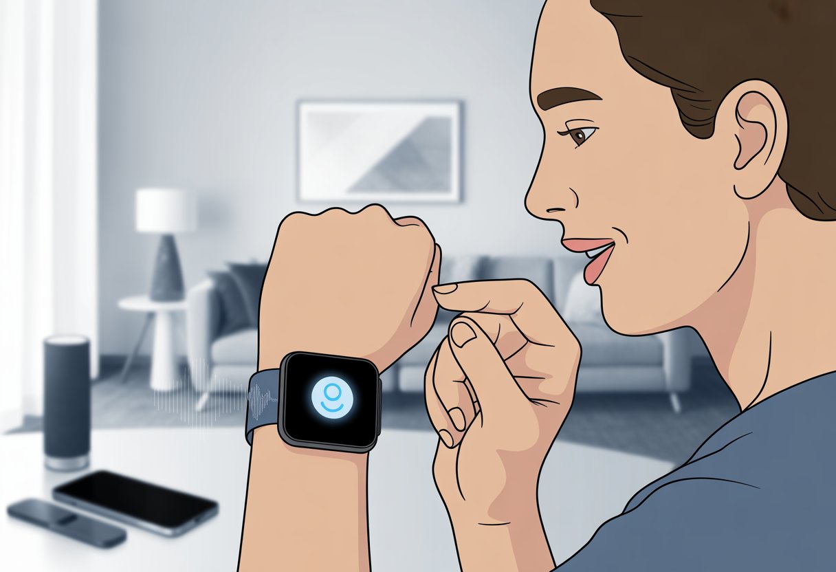 A person speaking to a smartwatch on their wrist with an Alexa icon visible on the watch screen inside a modern home setting.
