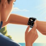 A person checking weather information on a smartwatch outdoors.