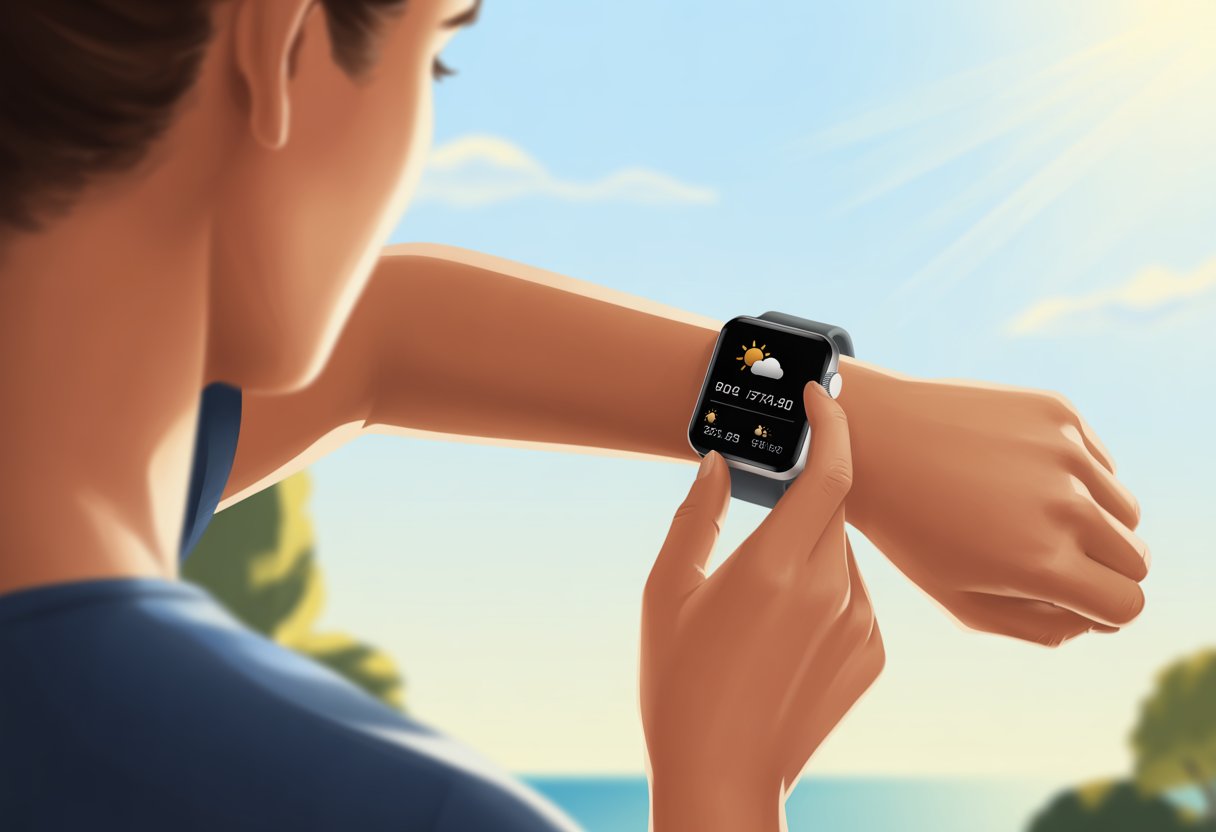 A person checking weather information on a smartwatch outdoors.