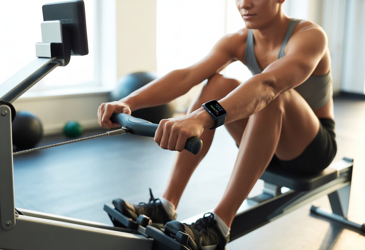 A person rowing on a rowing machine while wearing a smartwatch that displays workout data.