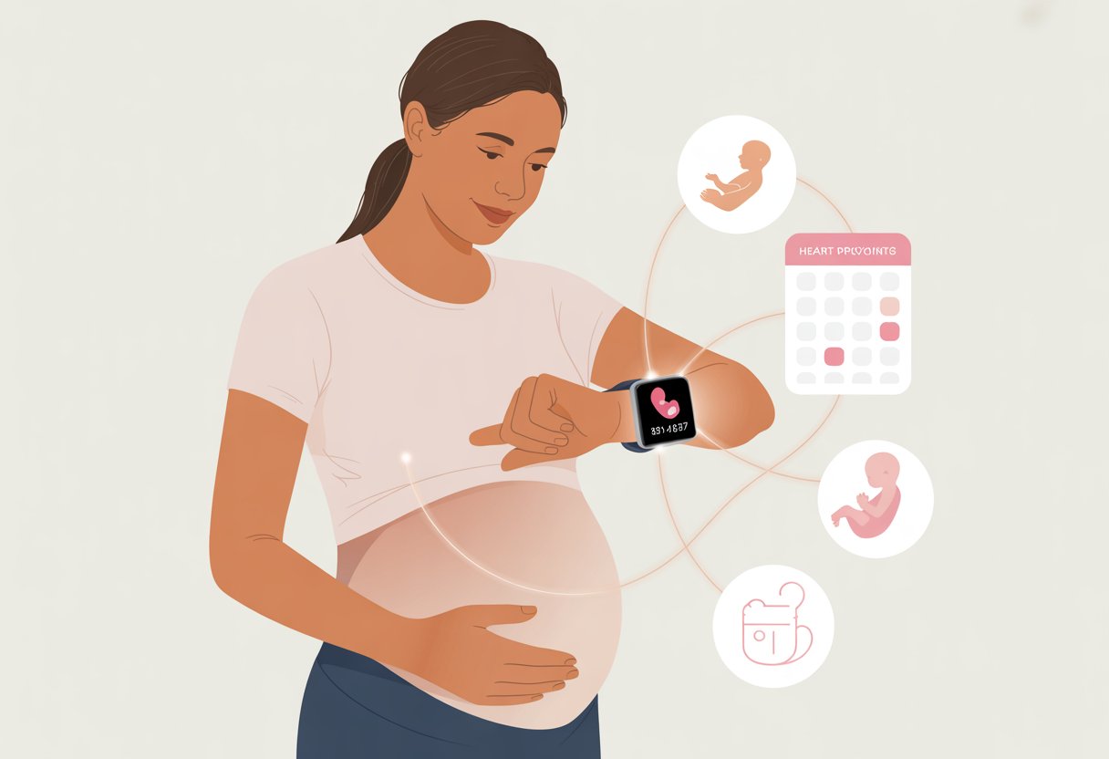 A pregnant woman looking at her smartwatch while gently touching her belly.