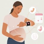 A pregnant woman looking at her smartwatch while gently touching her belly.