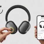 A pair of Bluetooth headphones with a hand pressing the power button, a Bluetooth icon with a circular arrow, and a smartphone showing Bluetooth connection and disconnection.