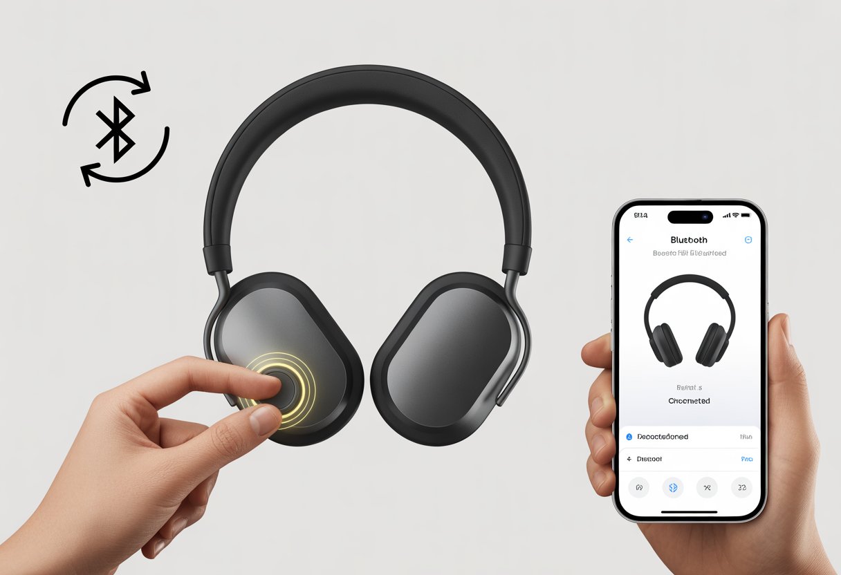 A pair of Bluetooth headphones with a hand pressing the power button, a Bluetooth icon with a circular arrow, and a smartphone showing Bluetooth connection and disconnection.