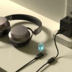 A pair of Bluetooth headphones connected to a USB charging cable plugged into a wall socket on a clean surface.