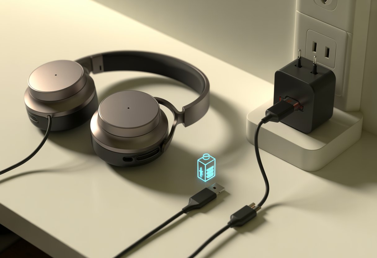 A pair of Bluetooth headphones connected to a USB charging cable plugged into a wall socket on a clean surface.